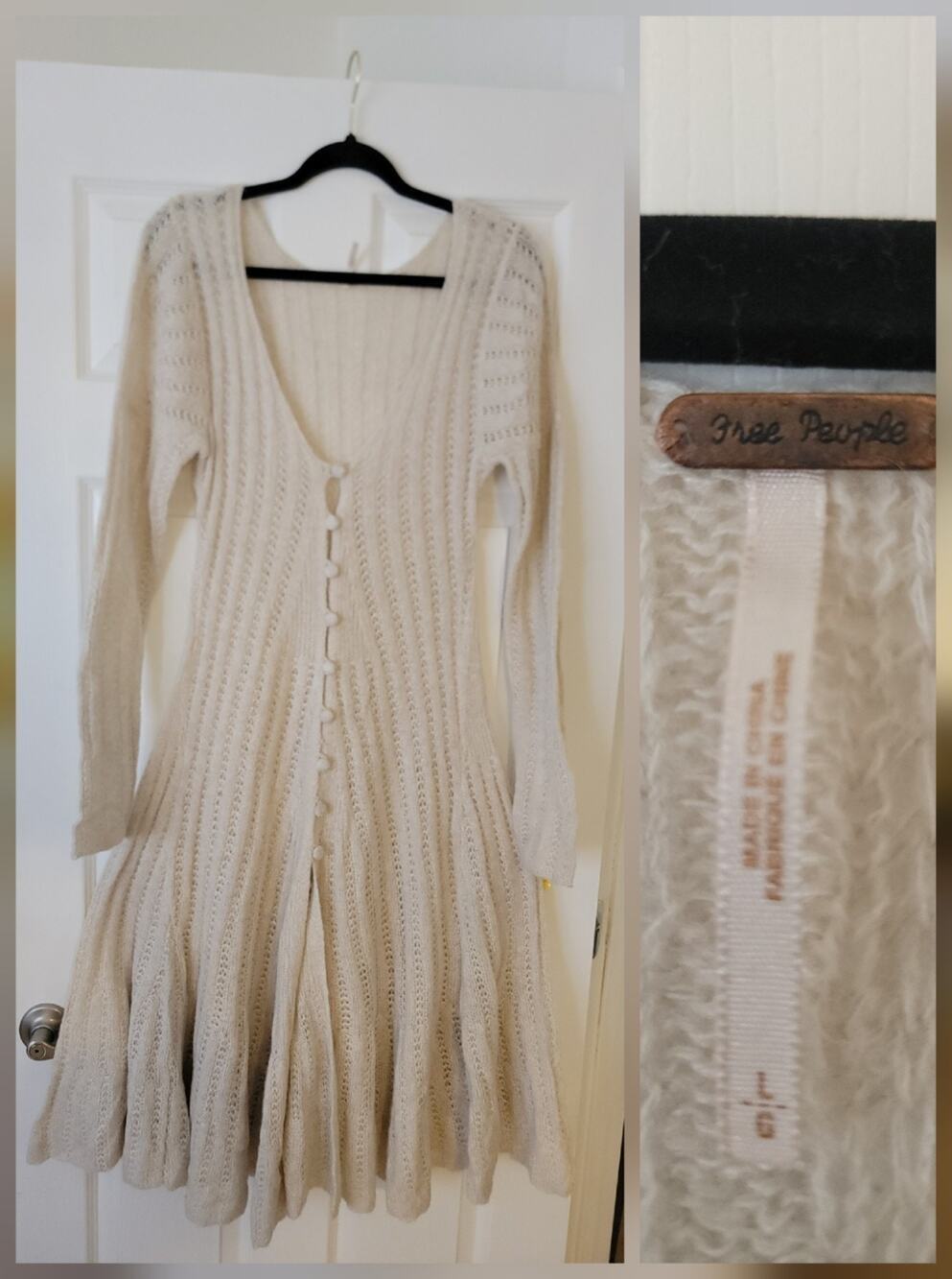 Free People RARE Knit Maxi Cardigan SZ L Crochet Babydoll Sweater Coat Bohemian